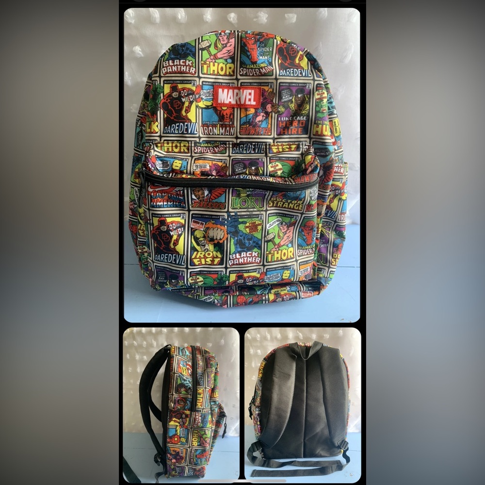 Marvel Avengers Spider-Man Ironman Thor Hulk Loki Comic Book Back Pack - EUC